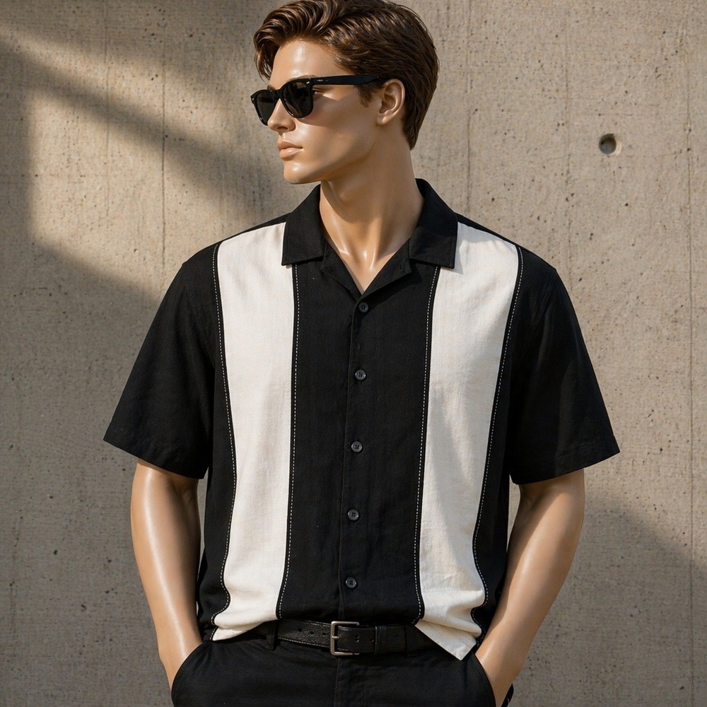 Merona Mens XL Bowling Shirt Black Cream Vertical Stripe Retro Camp Collar Rayon